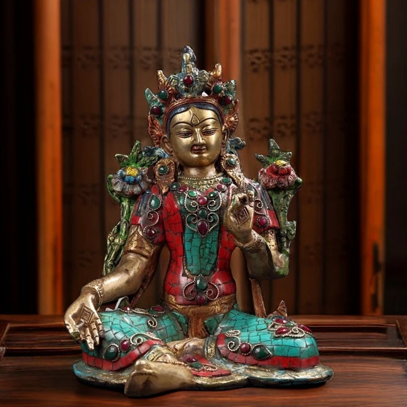 Antiques Antique Collection Pure Copper Inlaid Gemstones Tantra Tibetan Collection Buddha Tara Buddha Statue Bronze Statue Home