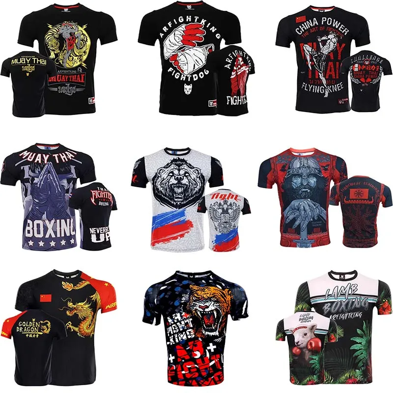 Odzież bokserska Jiu-Jitsu wysypka strażnik z krótkim rękawem MMA T Shirt mężczyźni kobiety Muay Thai koszula BJJ Kickboxing Jersey Sanda walka