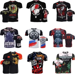 Odzież bokserska Jiu-Jitsu wysypka strażnik z krótkim rękawem MMA T Shirt mężczyźni kobiety Muay Thai koszula BJJ Kickboxing Jersey Sanda walka