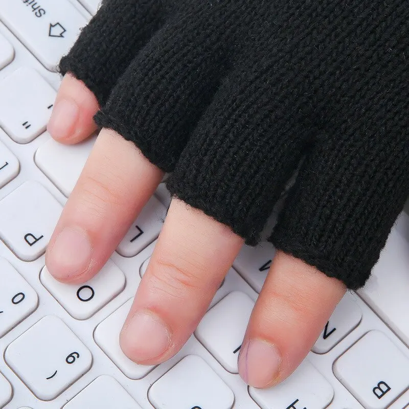 Black Winter Warm Knitted Wool Gloves Half Finger Pure Black Mitts Unisex Cozy Warm Mitts for Men And Women image 4