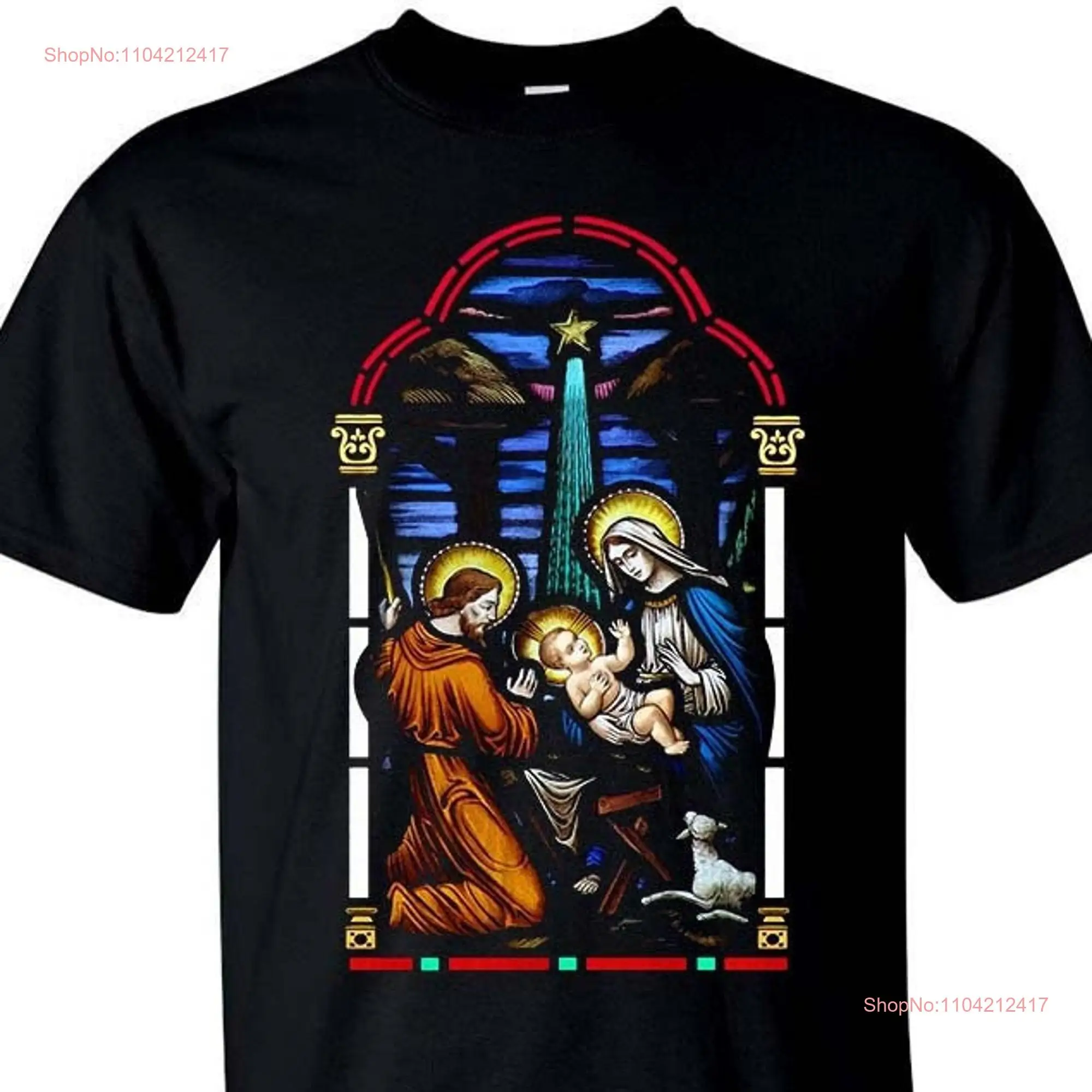 Stained Glass Christ in Manger DTG PRINT Men T Shirt S M L XL 2XL 3XL 4XL 5XL long or short sleeves