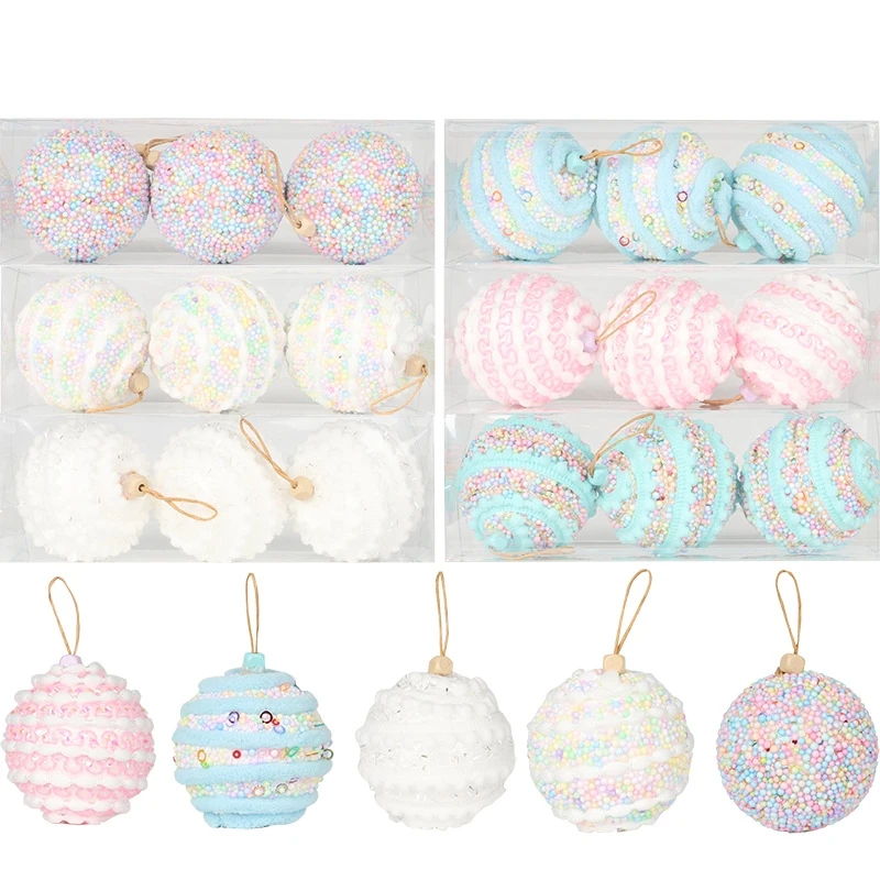 3Pcs/Box Macaroon Colorful Christmas Ball Foam Ice Cream Donuts Cake Rainbow Xmas Tree Balls Hanging Ornaments New Year Decor