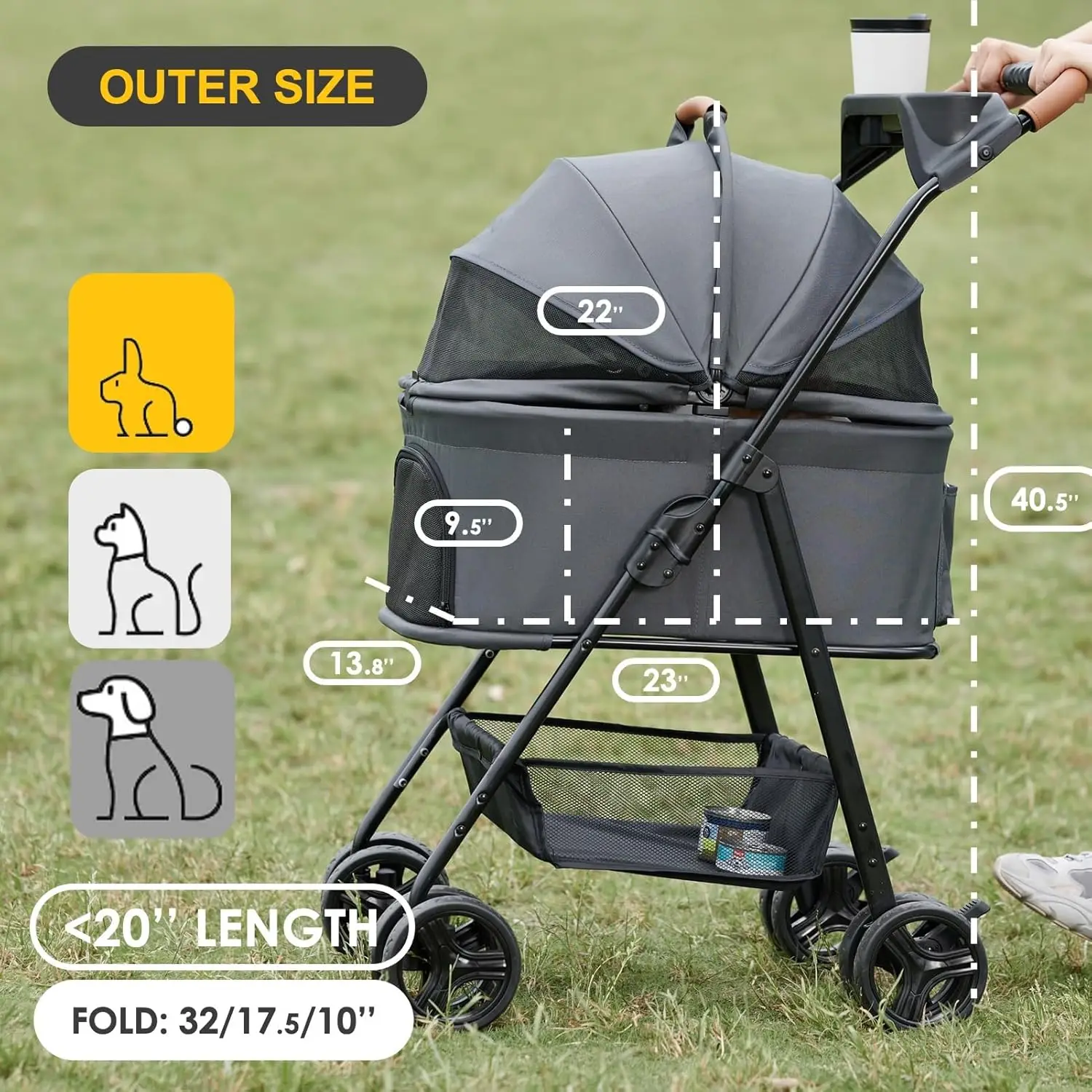 Dog Stroller, Pet Folding Stroller, 4 Wheels Dog/Cat Puppy Stroller w/Removable Travel Carrier