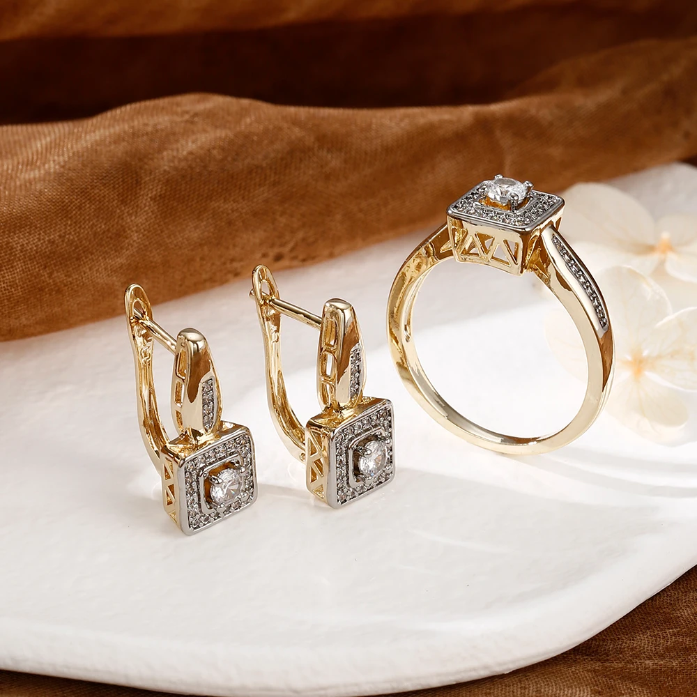 Quadratisches, doppellagiges Zirkon-Vintage-Ohrringe- und Ring-Set, kupferbeschichtet mit 14K Gold, modischer Schmuck für Bankette und Partys, luxuriöse Accessoires. – Detail 6