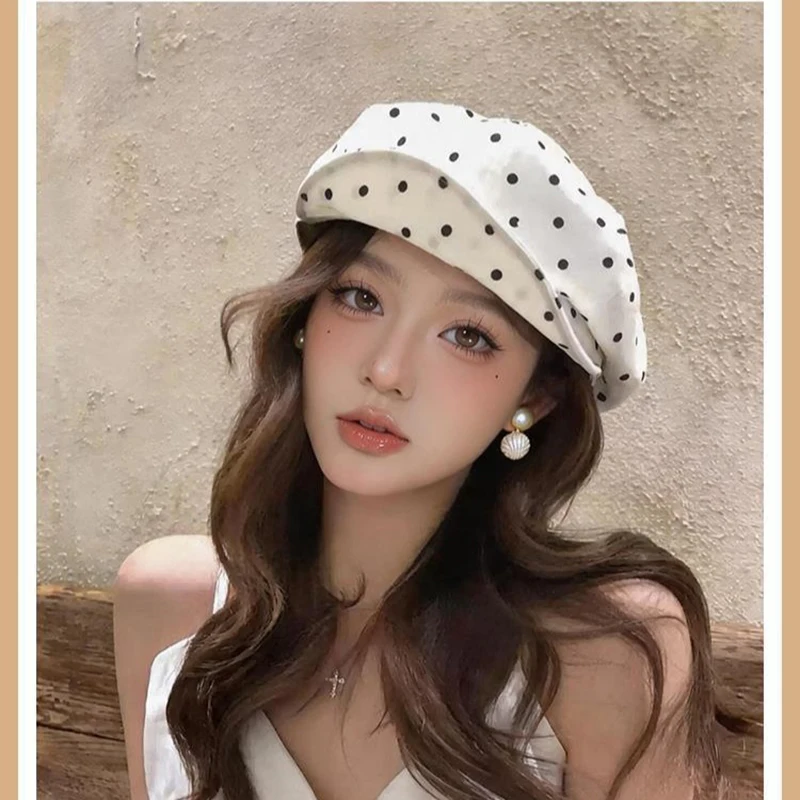 Polka Dot Newsboy Cap for Women Vintage Octagonal Short Brim Painter Hat Casual Street Snap Beret Spring Summer Shopping Fashion