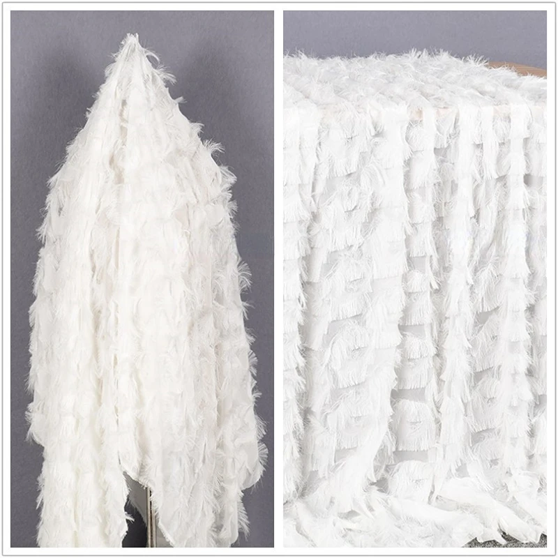 White Cut Three-dimensional Feather Tassels Designer Fabric Perspective Texture Mesh Wholesale Cloth Per Meter for Sewing Diy