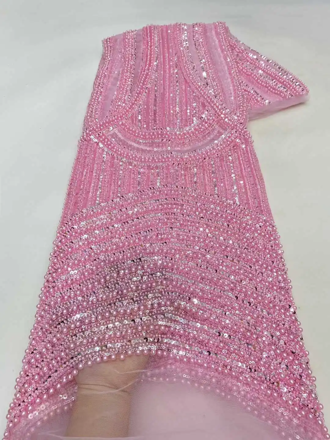 

Pink African Groom Lace Fabric High Quality Lace Embroidered French Sequin Beads Tulle Nigerian Party Material Dresses 5 Yards
