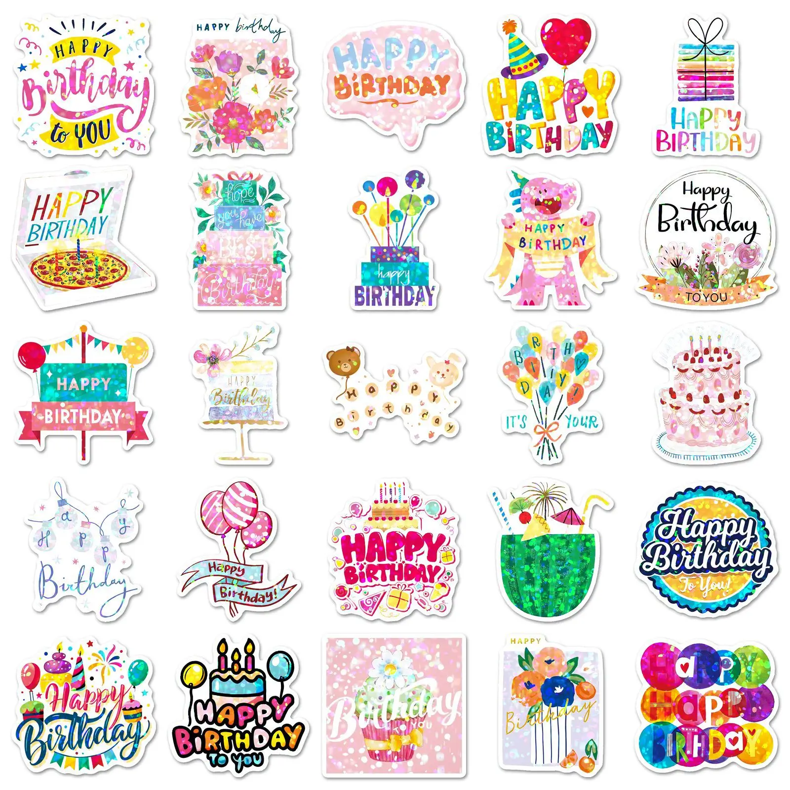 

50PCS Laser style Happy birthday Celebration Cartoon Text Doodle Decorative Water Cup Guitar iPad Waterproof Stickers Kids Toy