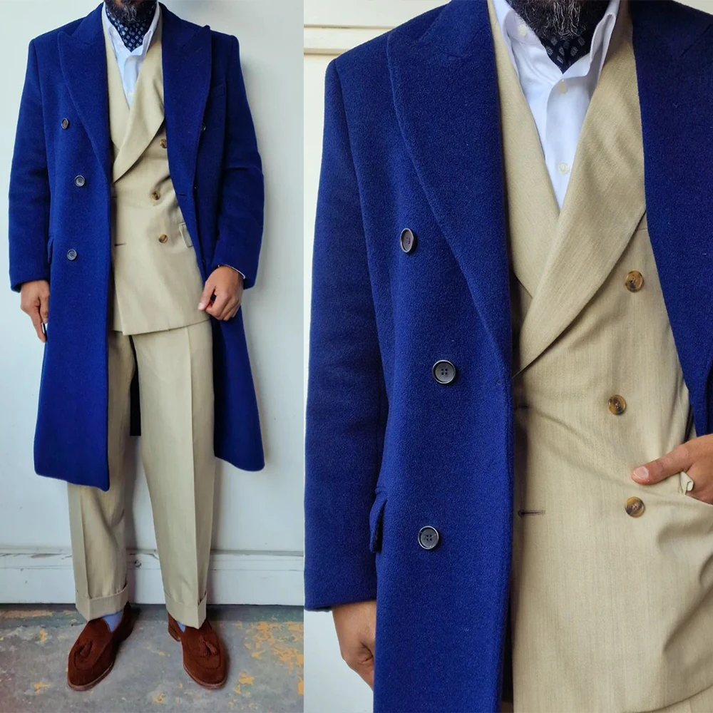 

Woolen Winter Men Suit Overcoat 1 Pcs Royal Blue Thick Long Jacket Custom Made Warm Formal Double Breast Business Prom Kingcoat