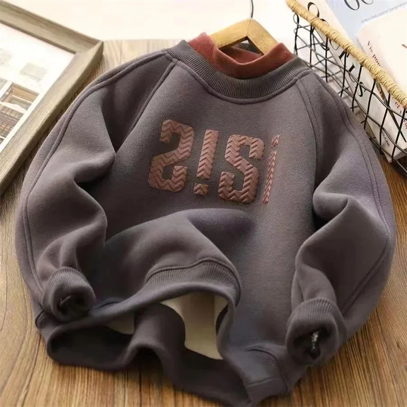 

Kids Boys Winter Thick Warm Lamb's Wool Padded Sweatshirt Clothes Autumn Hoodies Big Children Letter Print Pullover Tops 3-14 Y