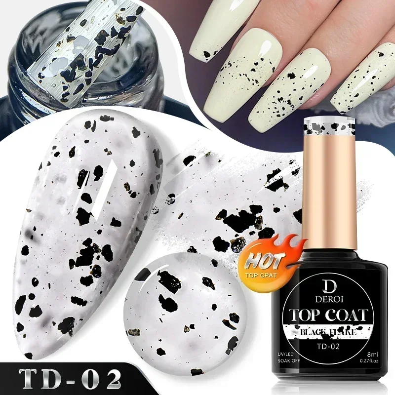 DEROI 8ml Flash Top Coat for Nail Art No Wipe White Dot Top Coat Glitter Aurora Flake Glossy Topcoat Varnish Seal UV Gel Polish