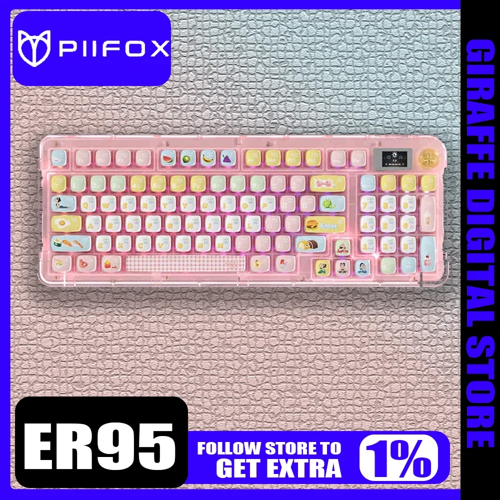 

Piifox Er95 Механическая клавиатура с ручкой, экран RGB, трехрежимная беспроводная игровая клавиатура для киберспорта, прозрачный корпус, аксессуар для ПК