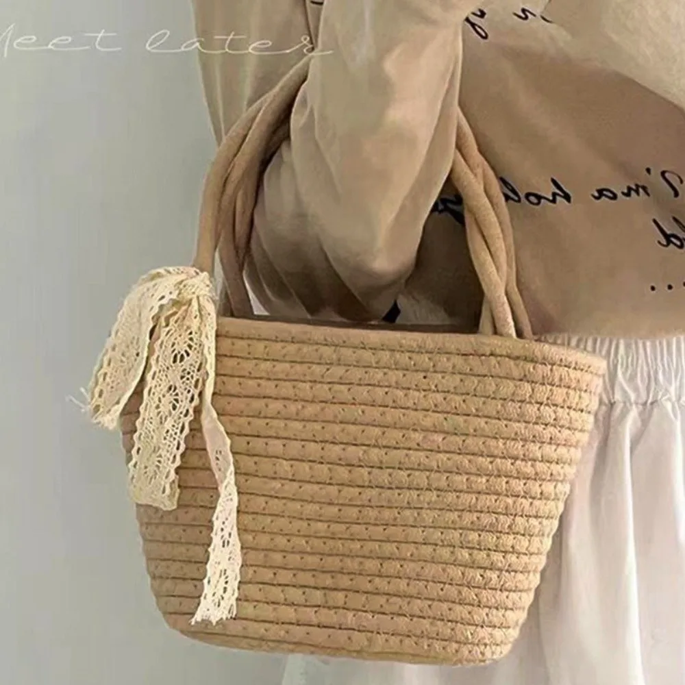Cotton Thread Woven Cotton Rope Woven Bag Lightweight Boho Storage Basket Bucket Shape Pure Color Shopping Basket Resort Wear