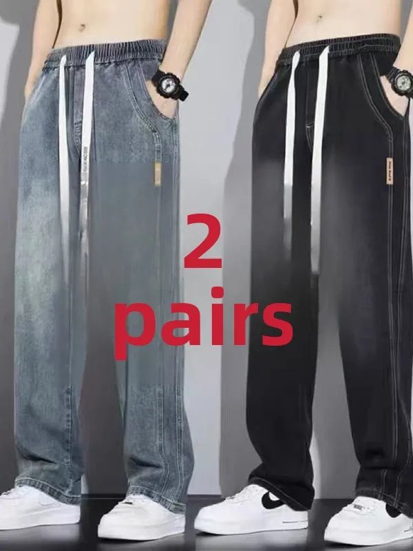 

Retro American Denim Jeans Men's Trendy Loose Straight Wide Leg Casual Long Pants Wear Resistant Workwear Cotton Elastic