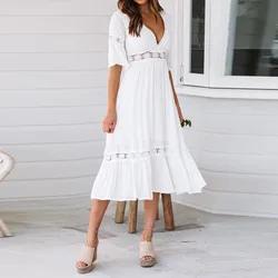 Summer White Long Dress Women Boho Hollow Out A Line Ruffles Dress Short Sleeve V-Neck Loose Fashion Casual Elegant Woman Dress