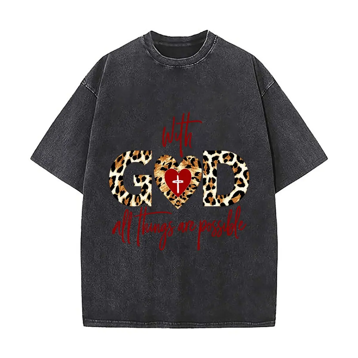 With God All Things Are Possible Leopard Heart Cross Graphic Distressed Vintage Oversized Streetwear Tops for Coffee Dates