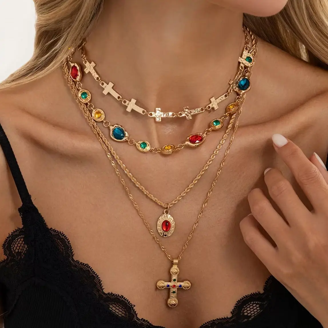 Ingemark 4Pcs/Set Luxury Inlay Colorful Glass Rhinestone Cross Pendant Necklace Exquisite Multiple Layers Stackable Y2K Jewelry