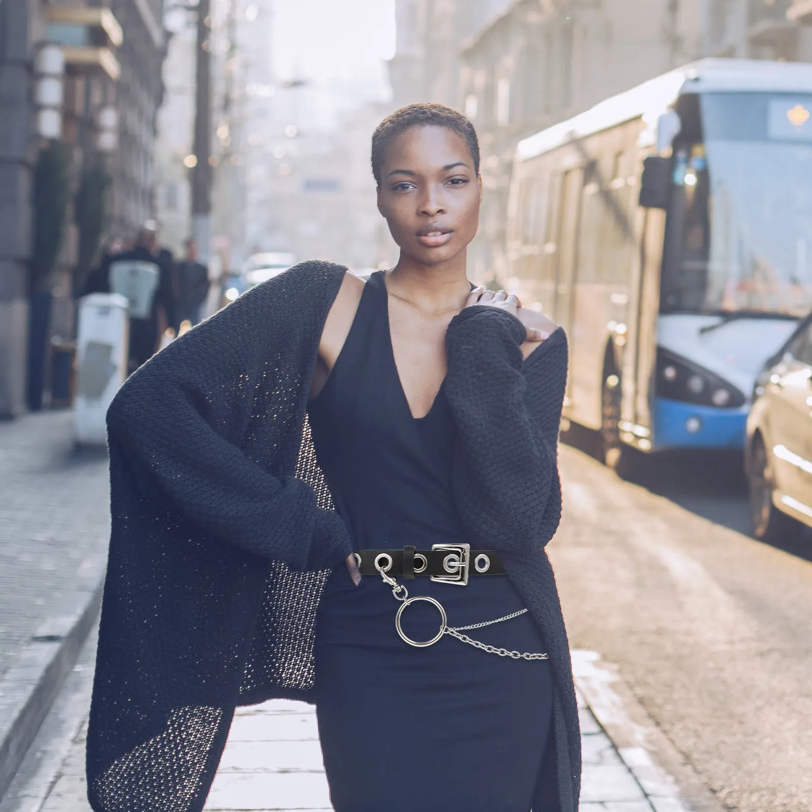 

Пояс-цепочка из ПУ с люверсами и серебряной пряжкой в стиле панк, повседневный аксессуар для Хэллоуина и косплея