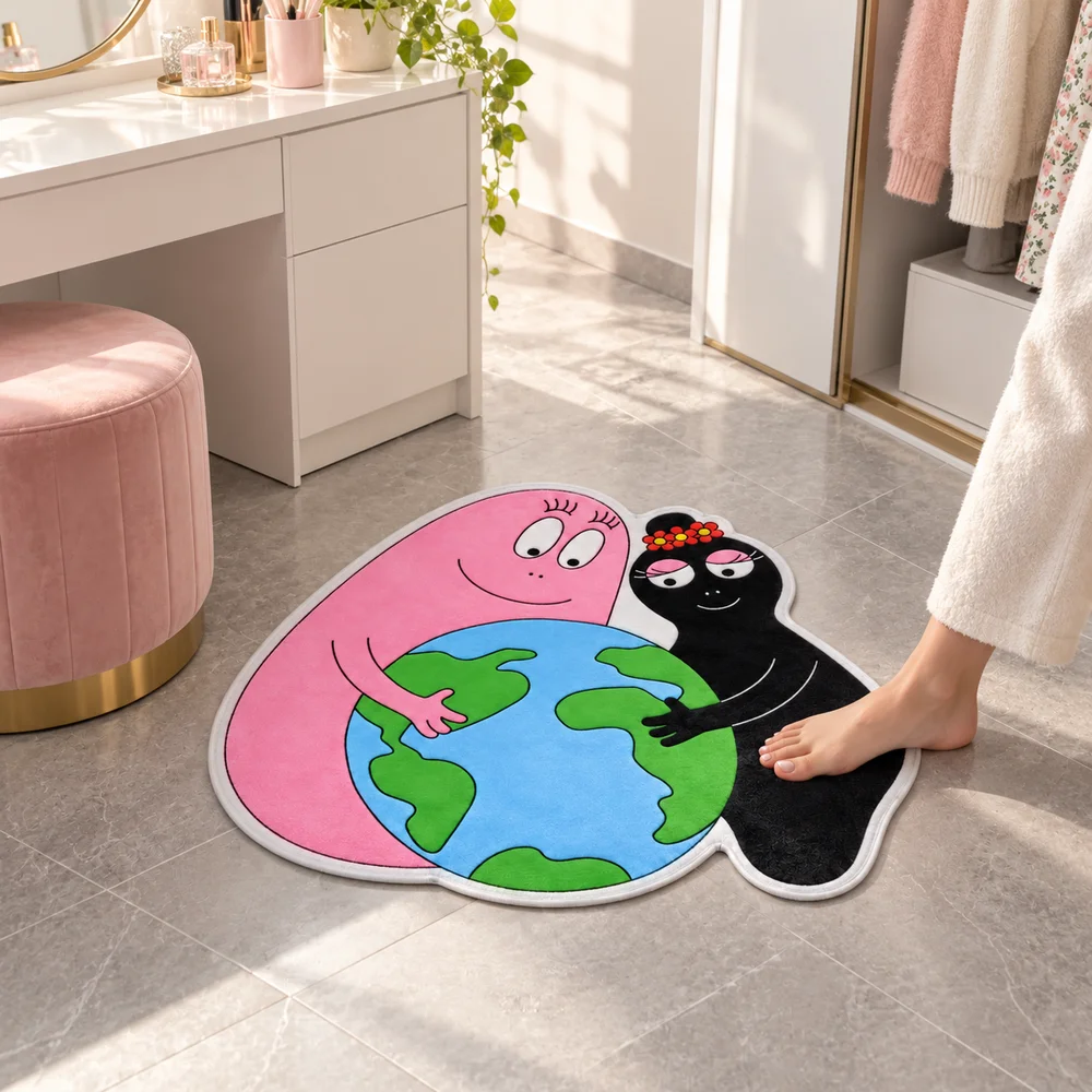 Couple Globe Shaped Area Rug Soft Les B-Barbapapa Flannel Irregular Door Mat for Living Room Entryway Indoor Floor Home Decor