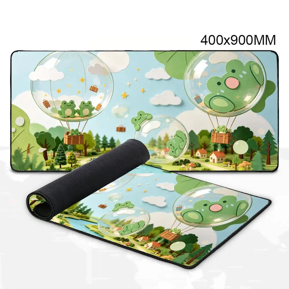 Cartoon Frogs Traveling Desk Pad Transparent Bubble Balloon Suitcase Small Village Landscape Mousepad Work Study Accessory