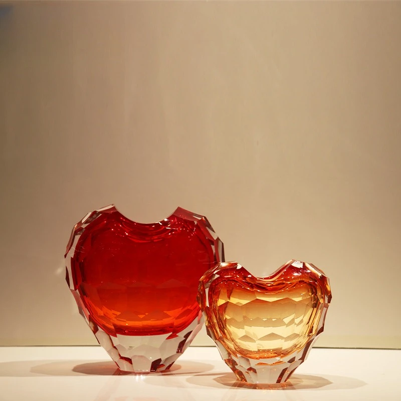 Light luxury glazed crystal heart shape gradual change red vase ornament home soft flower decoration