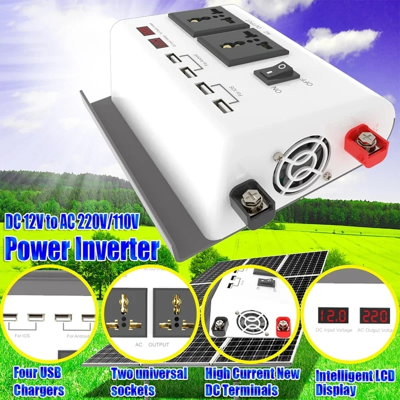 12V to 110V /220V 300W Intelligent LCD Dual Display Inverter 4 USB Fast Charging Car Converter Modified Sine Wave Power Inverter