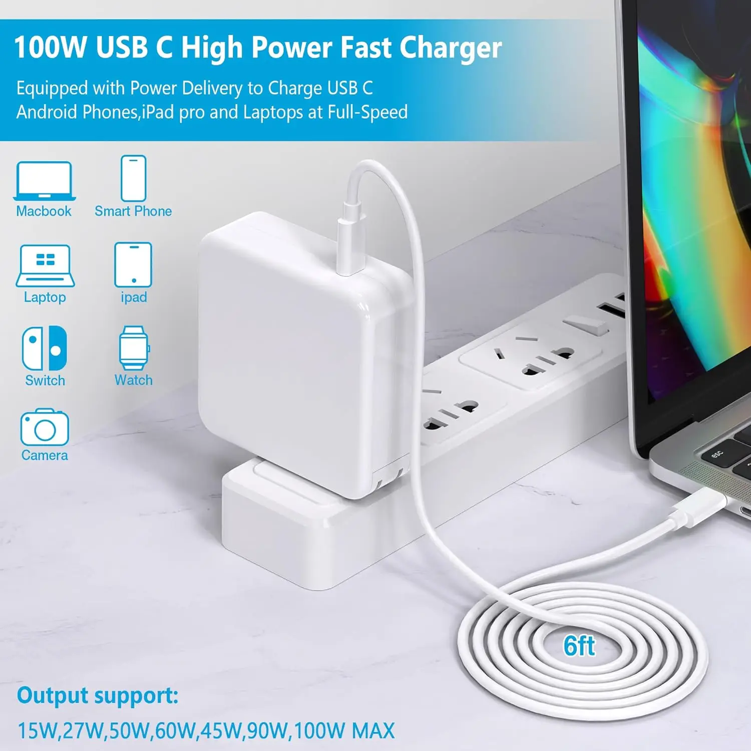 شاحن USB C 100 وات شحن سريع لجهاز MacBook Pro/Air 16 15 14 13 بوصة، iPad Pro وجميع أجهزة USB C، محول طاقة للكمبيوتر للسفر