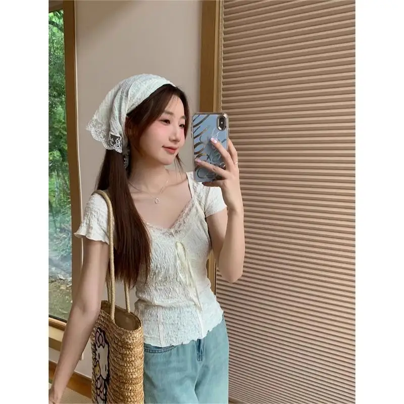 

T-shirt Lace Short-sleeved Top Women's Sweet Temperament Slim Texture
