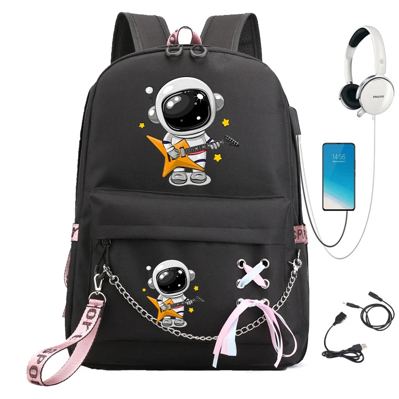 Mochila escolar de dibujos animados con guitarra para niñas, bolsa de libros Usb, viaje, astronauta, nueva moda