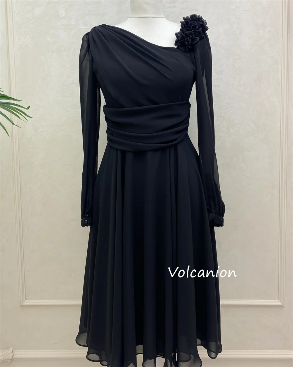 Gaun Midi A-line Bunga Buatan Tangan Terbungkus Sifon Kustom Tersedia Ukuran Kasual Sederhana Pesta Acara Dipesan Lebih Dahulu