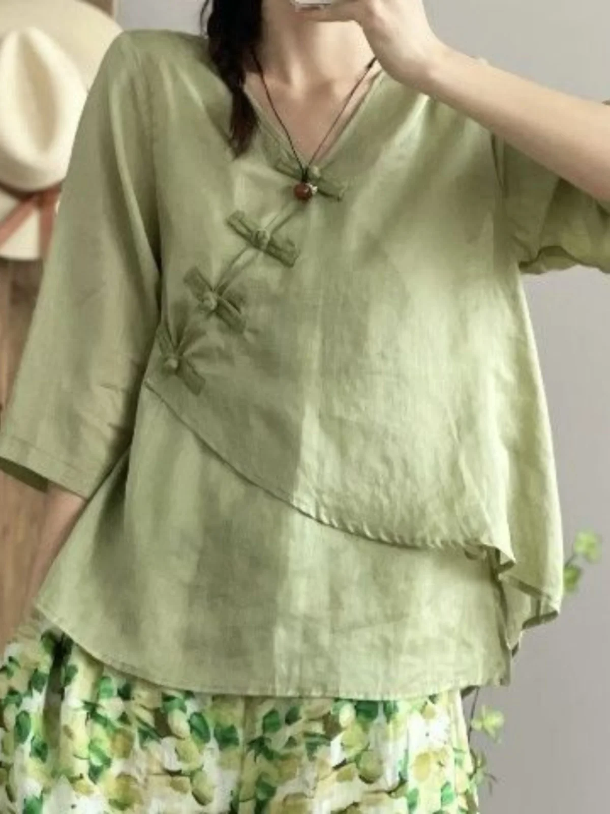 

Свободный крой V-Ne, китайский художественный шелковый топ Tussah на пуговицах, женская модная осенняя одежда, повседневный удобный топ