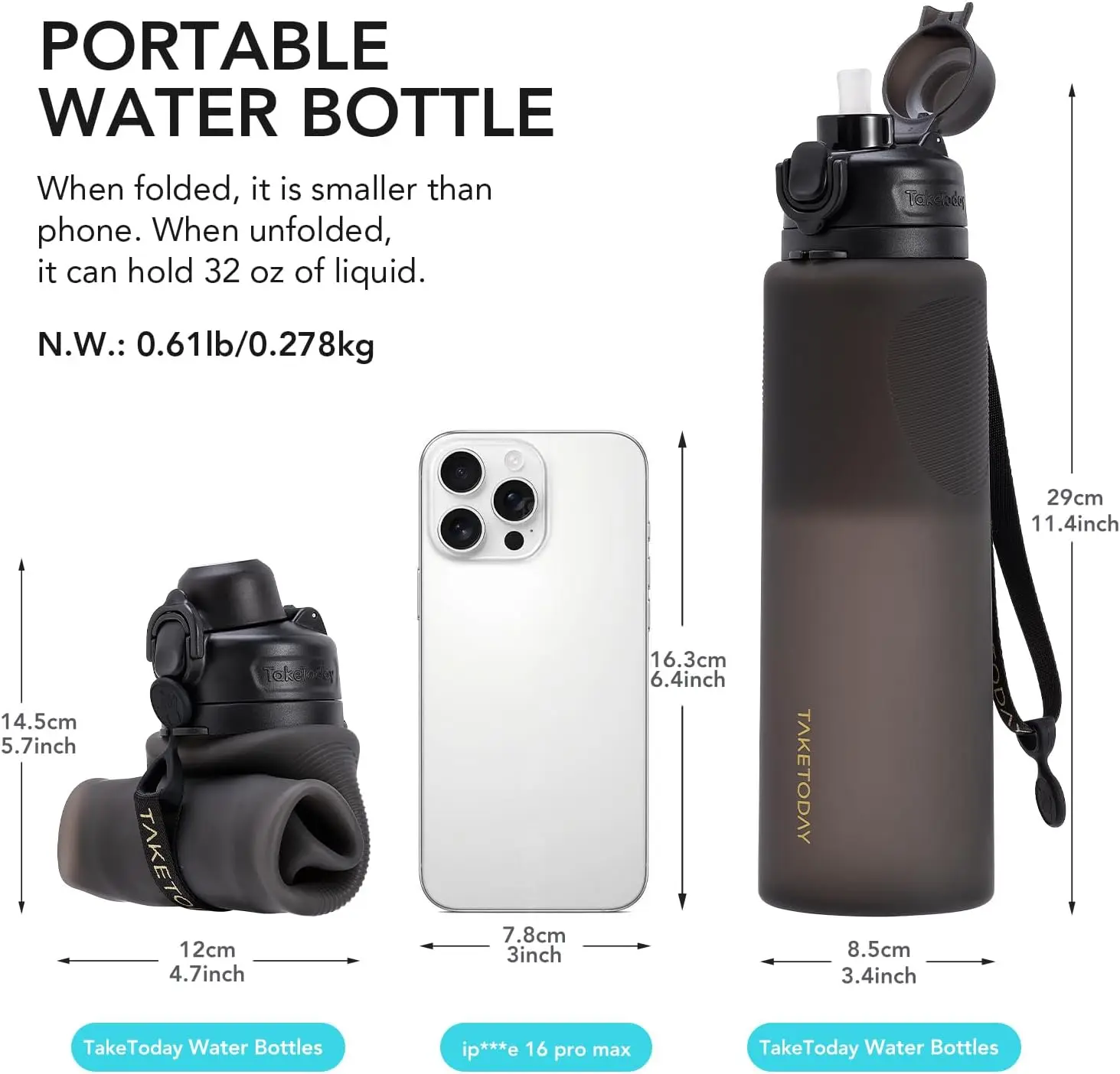 Faltbare 32-Unzen-Wasserflasche, BPA-freie Silikon-Reiseflasche, auslaufsicher für Wandern und Reisen