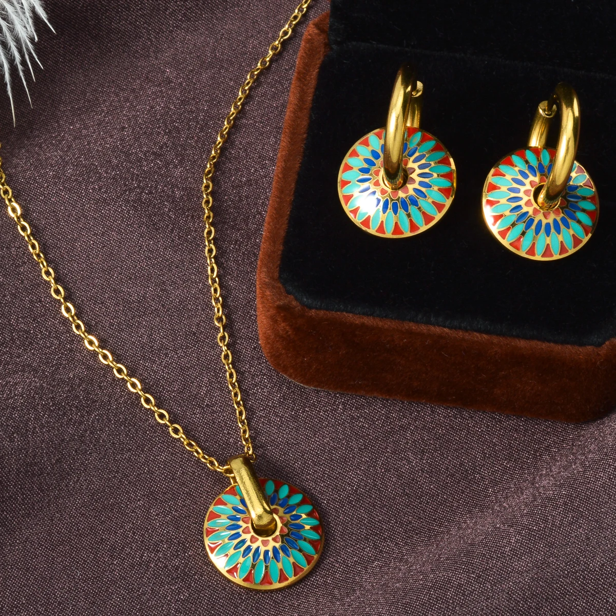 

Bohemian Necklace Earrings Set for Women Vintage Ethnic Tribal Jewelry Stainless Steel Wedding Festival Holiday Gift Idea