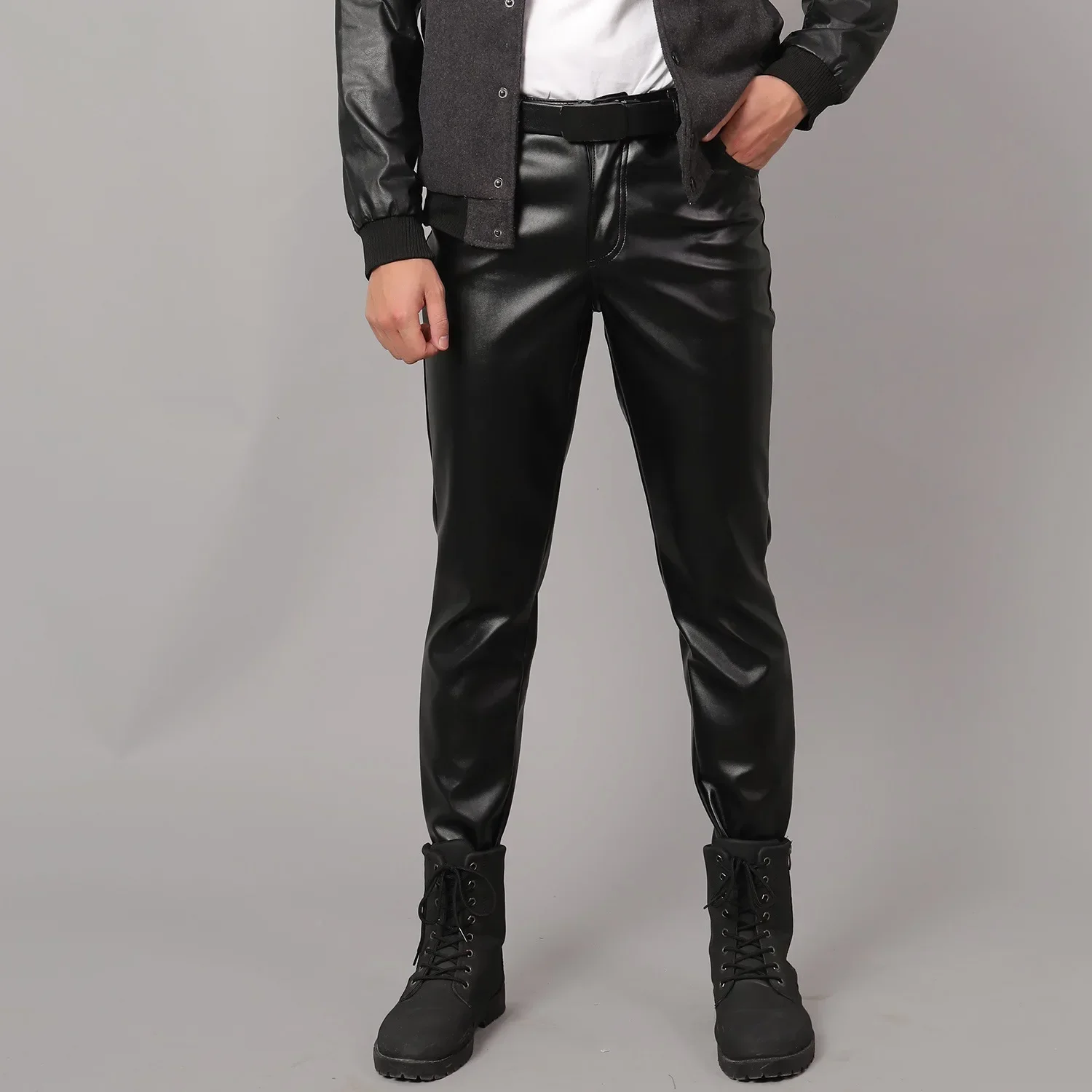 Red Men Moto Skinny Elastic Faux Leather Pants, Black Gold White Thin PU Trousers, Brand Men Clothing, Asian Size 28-40