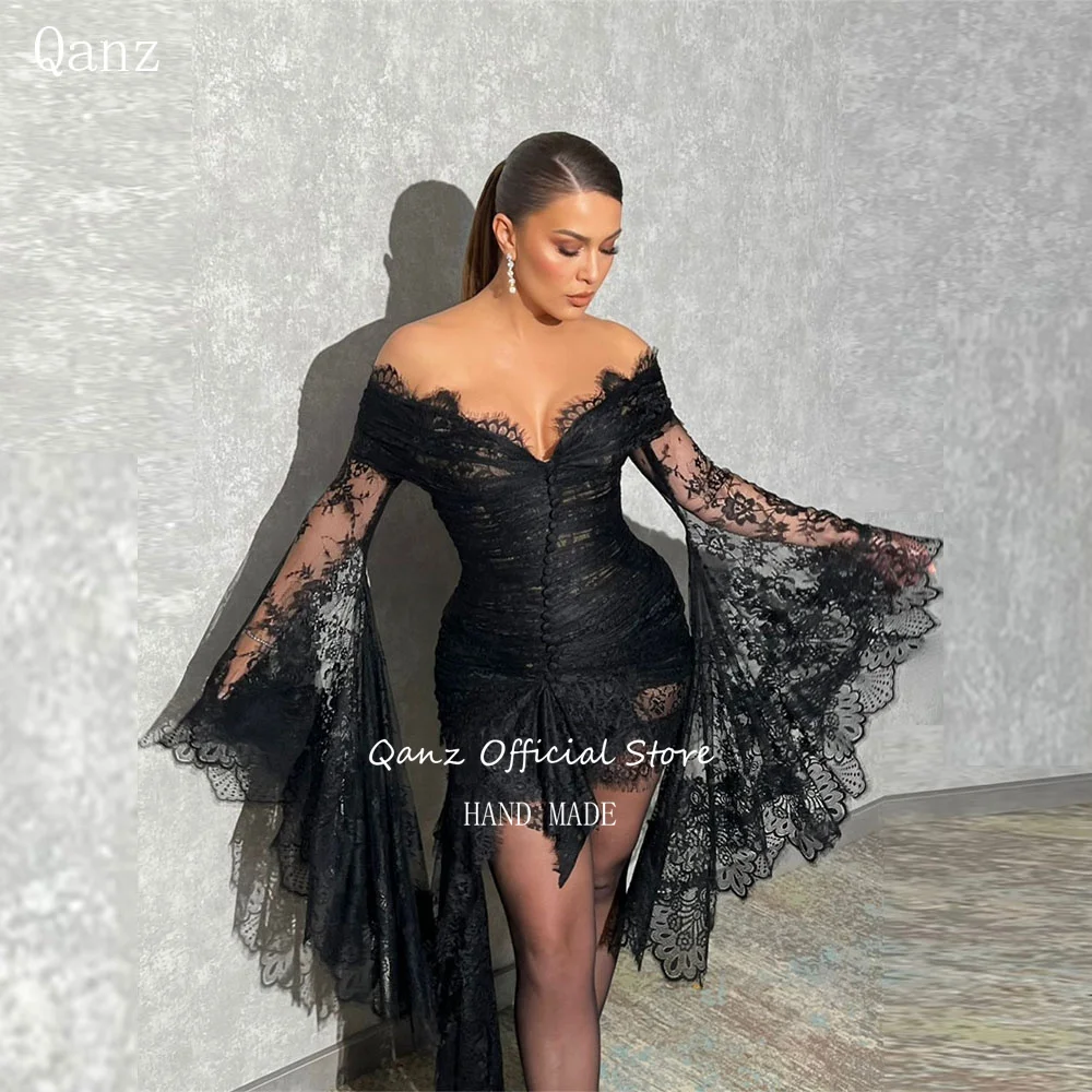 

Qanz Luxury Black Lace Prom Dress Flared Sleeves Mini Off The Shoulder Vestidos De Festa Short Birthday Outfits Women Customized