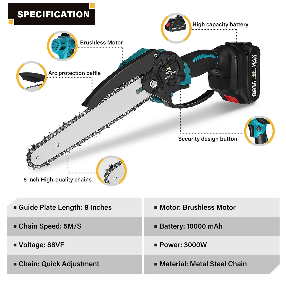 8 Inch Brushless Chain Saw Mini Handheld Pruning Chainsaw Woodworking Electric Saw Cutting Power Tool for Makita 18V Battery