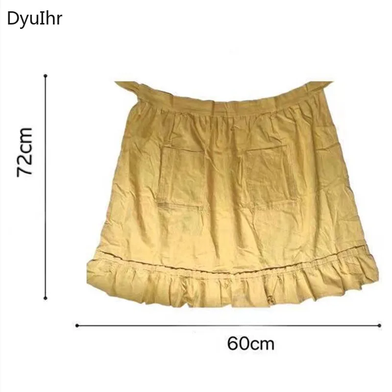 DyuIhr Simple Solid Color Wavy Edge Design Half Body Large Pocket Apron Cafe Home Kitchen Adjustable Waterproof Yellow Apron