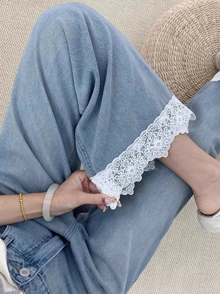 

Широкие джинсы с высокой талией, женские кружевные лоскутные джинсы с девятью очками, осенние свободные прямые брюки больших размеров, повседневные свободные брюки