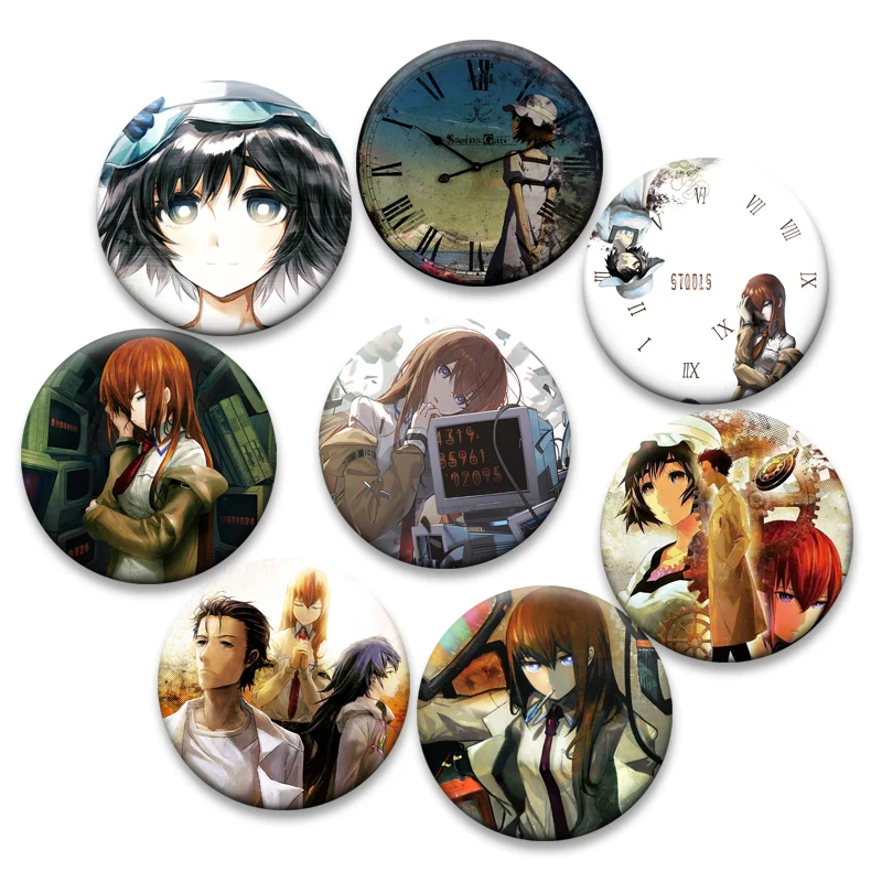 

Okabe Rintarou,Hououin Kyoma,Makise Kurisu,Shiina Mayuri Cartoon Badge Round Tinplate Lapel Pins Steins;Gate Anime Brooches