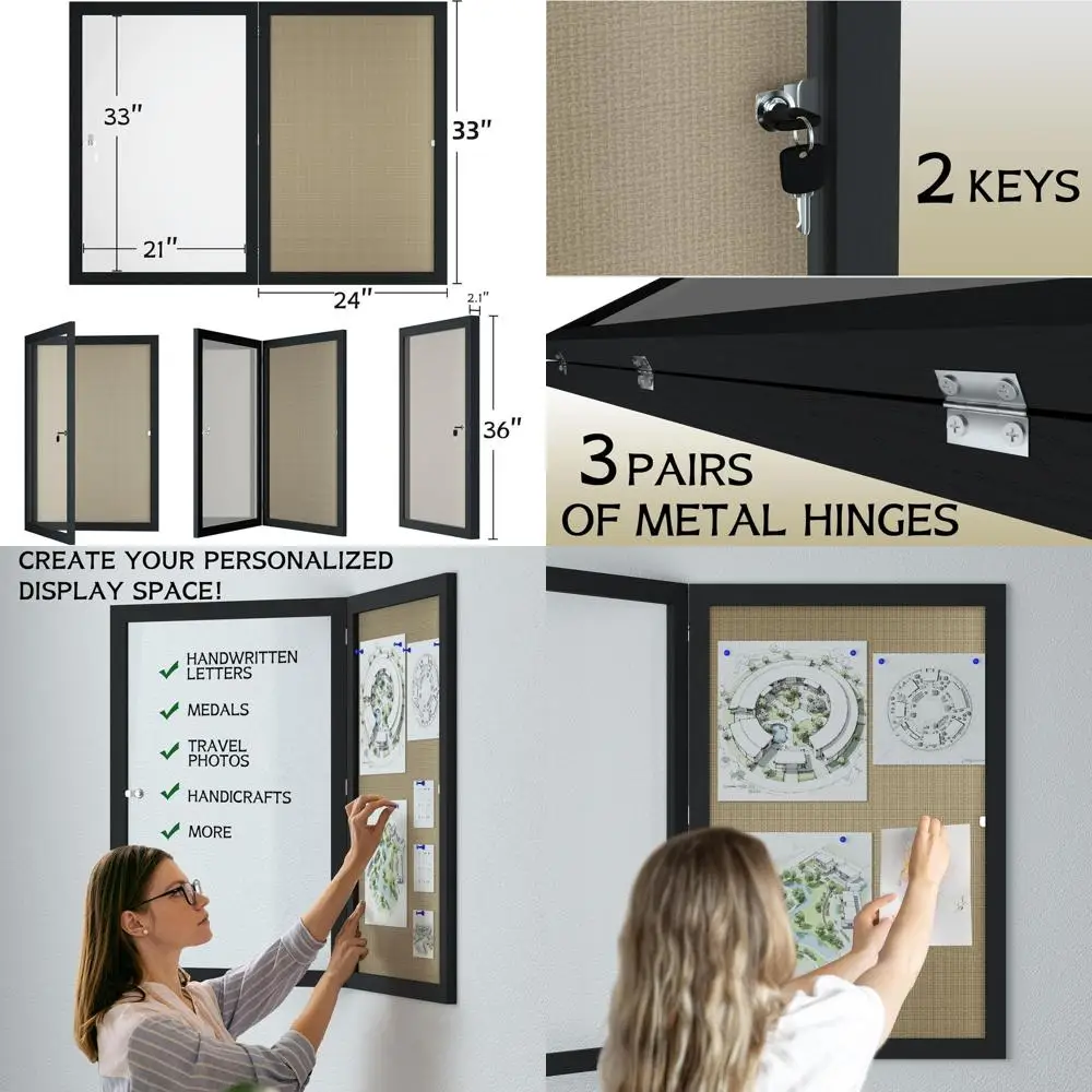 

24x36 запираемая льняная доска для внутреннего объявлений в рамке с распашной дверью, витрина