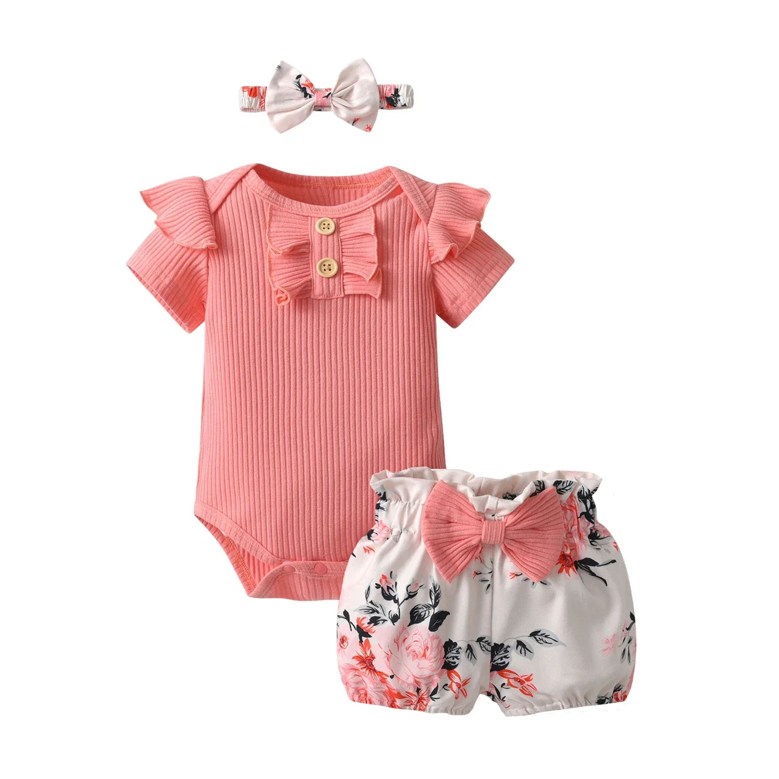 

3pcs Newborn Infant Baby Girl Clothes Set Knitted Short Sleeve Romper Top with Letters + Floral Short Pants with Headband Outfit