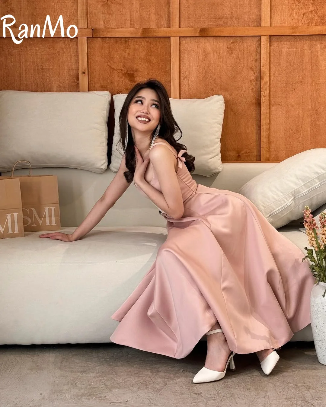 Ranmo 2025 Abito lungo con nodo a farfalla Abito lungo aderente in vita Elegante abito da sera stile donna Cintura Colletto quadrato Lunghezza caviglia Personalizzato