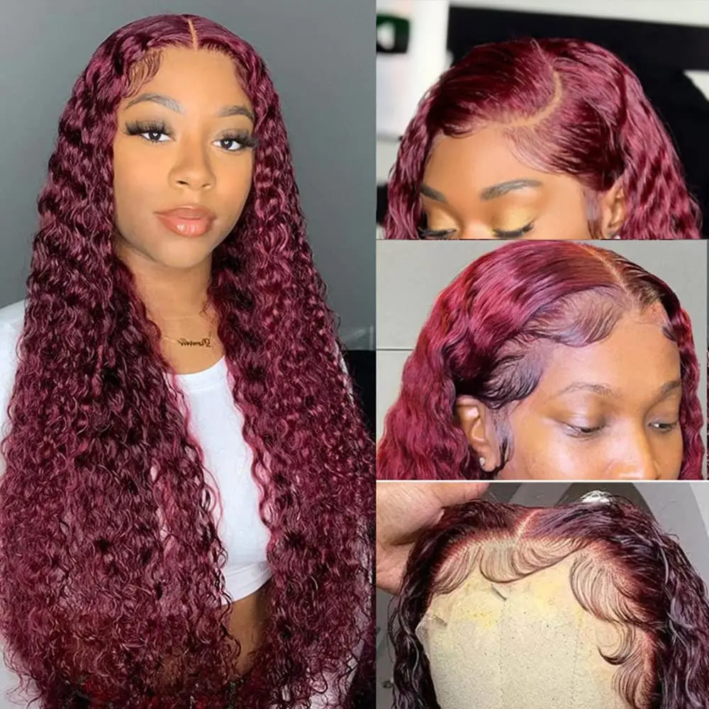 190 Density 99J Burgundy Water Curly 13x4 13x5 Lace Frontal Wig Transparent 13x6 Lace Front Red Colored Deep Wave Human Hair Wig