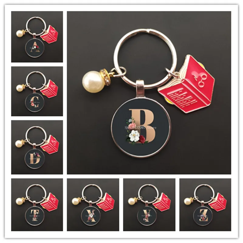 Charm enamel book teacher student gift keychain glass round A-Z pendant keychain thank you teacher for the lamp