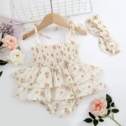 Infant Baby Girl Summer Jumpsuit Set Floral Elasticated Bust Sleeveless Strap Ruffled Romper with Bow Headband Outfit