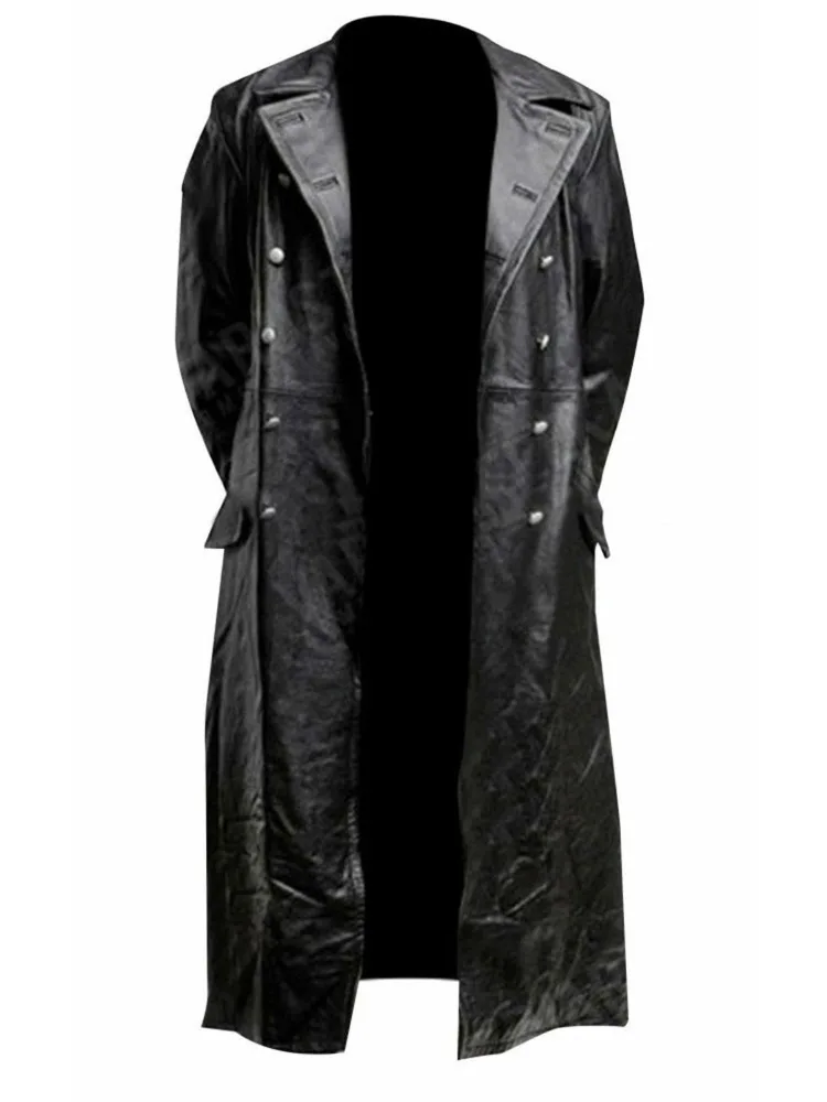 Men Moto Coat Faux Leather Black PU Large Size Double Breasted Lapel Jacket Loose Long Sleeve Autumn Winter Clothing