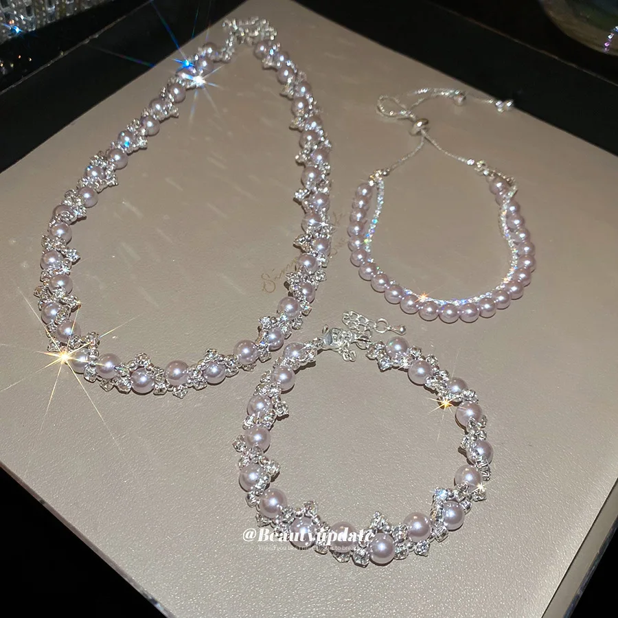 Choker Stylish Cubic Zirconia Rose Faux Pearl Classy Lightweight Collarbone Jewelry for Women Vacation Beach Gift