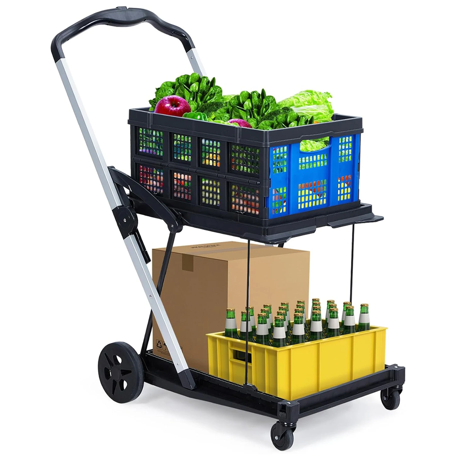 

Collapsible Shopping Cart, 2 Tiers 200 Lbs Capacity Utility Grocery Cart on Wheels Platform Hand Truck for Shopping Supermarket