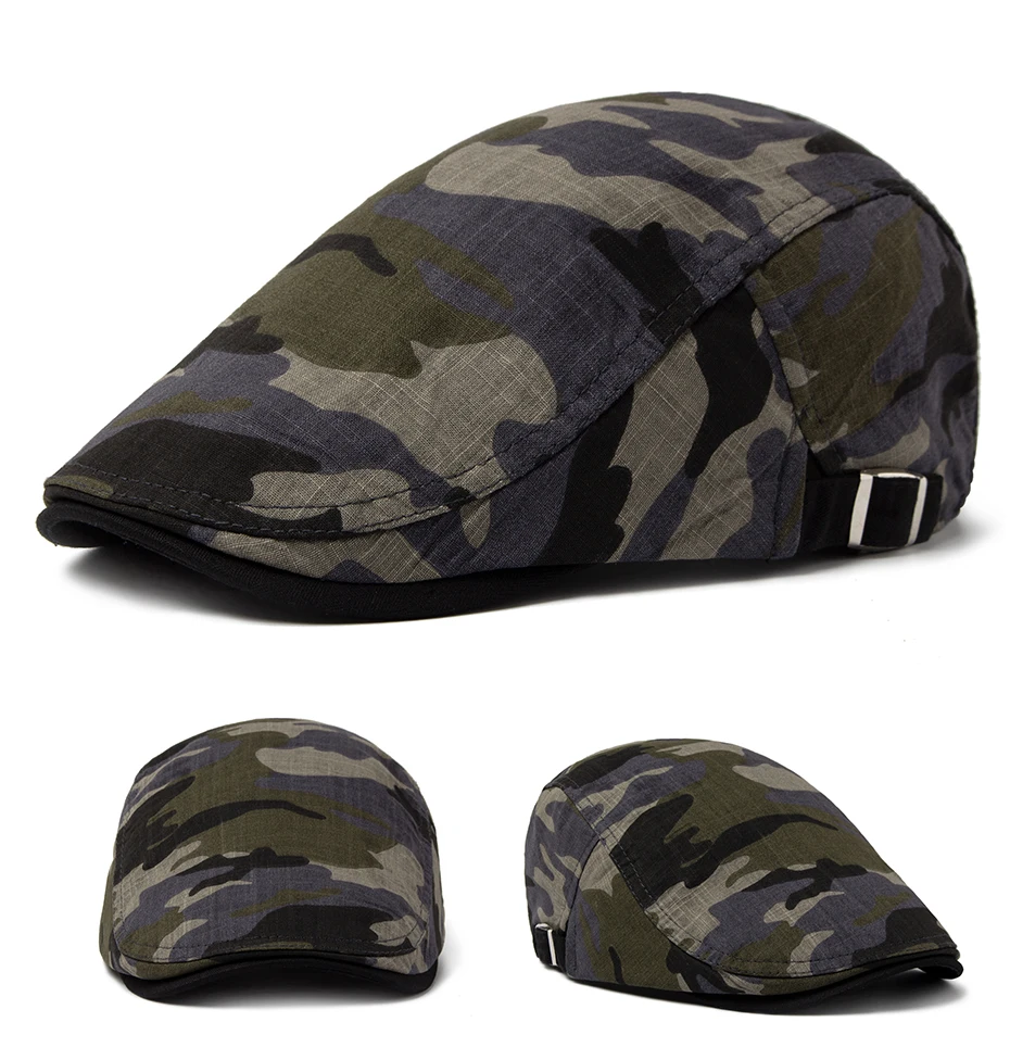 CNTANG Männer Camouflage Baskenmütze Sommer Baumwolle Leinen Sonnenkappe Dünne Atmungsaktive Visier Flache Hüte Casual Vorwärts Berets Hut Einstellbar – Detail 5