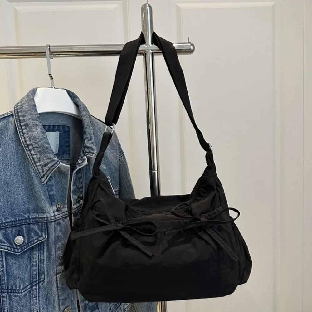 

Casual Pleated Bow Crossbody Bag Solid Color Multiple Pockets Nylon Shoulder Bag Korean Style Lightweight Hobo Bag Travel